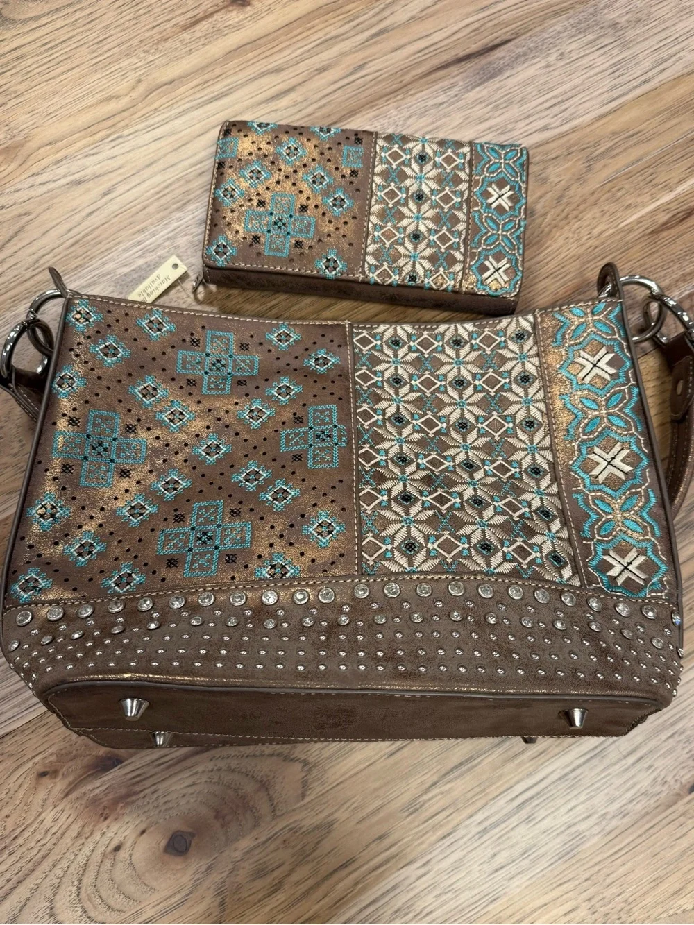Montana West Brown & Turquoise Women’s Shoulder Bag with Matching Wallet